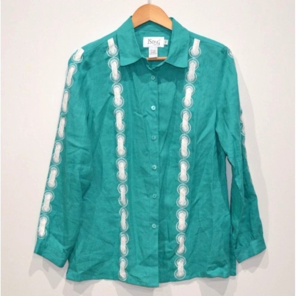 Size 8 Vintage JSong Linen Button Blouse,‎ Teal 80's 90's beach coastal